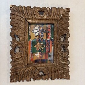 Ornate Hand Carved Wood Standing Frame With Glass 4x6" Made In India